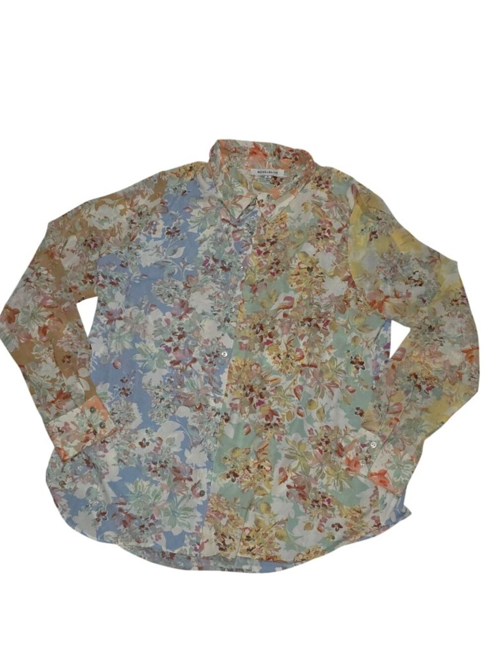Rose + Olive Pastel Earthy Floral Lightweight Long-sleeved Blouse, XL - Picture 2 of 7
